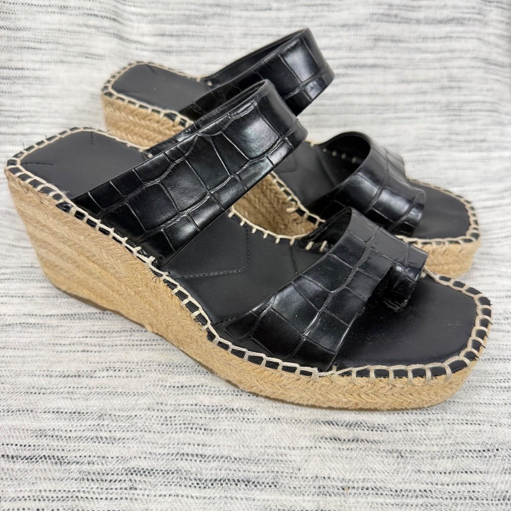 Franco Sarto‎ Black Leather Clave Platform Espadrille Wedge Slip On Sandals 6.5